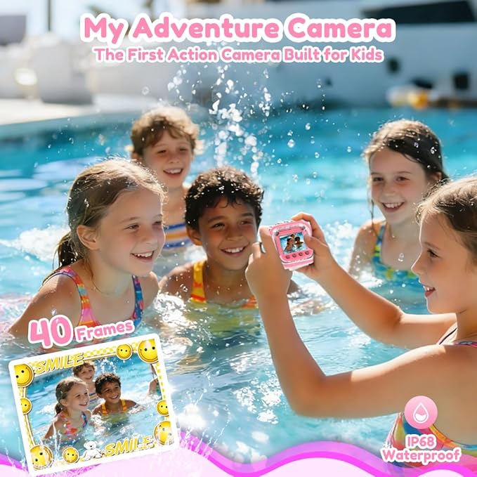 PROGRACE Kids Underwater Camera & Pool Toy - IP68 Waterproof Action Camera for Girls Ages 3-12 with 1080P Video, 32GB Card, Bike Mount, Birthday Gift for Swimming, Diving, Riding, Snorkeling