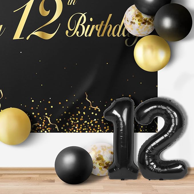 Happy 12th Birthday Balloons Black Set Decor - Cheers to 12 Years Old Party Theme Garland Banner Backdrop Decorations For Boy and Girl Supplies