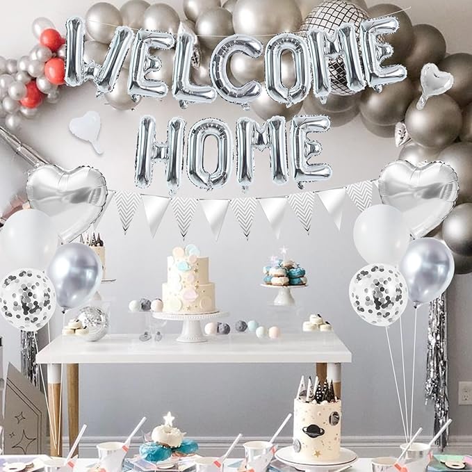 TONIFUL Welcome Home Decorations,16 Inch Silver Welcome Home Foil Balloon Banner Silver Confetti Balloons Pennant Flag Bunting for Homecoming Party House Warming Party Family Gathering Supplies