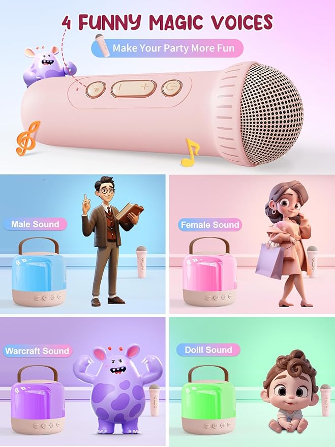 Mini Karaoke Machine for Kids Portable Bluetooth 5.3 Speaker with 2 Wireless Kareokee Microphones, 360° Colorful LED Light Karaoke Toy Gifts for Girls Boys Ages 4-12 Birthday(Peach Pink-2 Mic)