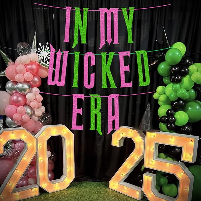 Wicked Birthday Party Decorations, Glitter Pink & Green Witches Birthday Banner, Girls Good Witch Bad Witch Bachelorette Party You're Gonna Be Popular Magical Emerald Movie Theme Party Banner Supplies