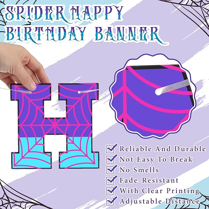 Oudain Spider Theme Birthday Banner Decorations Pre-strung Spider Web Happy Birthday Banner Flags Sign Cartoon Backdrop Party Supplies Favors(Purple Blue)
