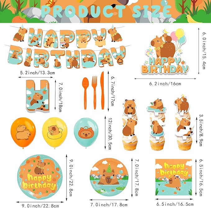 Capybara Birthday Decorations，Capybara Party Supplies，Capybara Party Decorations，Capybara Party Supplies Include Balloons,Backdrop,Banner, Cake Toppers，Tableware, Tablecloth