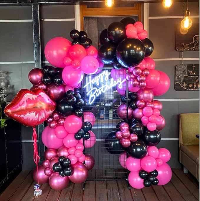 Pink and Black Balloons, 60PCS Hot Pink Black Balloon Set, 12Inch Pastel Light Rosa and Metallic Latex Balloons for Girls Women Princess Birthday Bachelorette Baby Shower Beauty Party Decorations