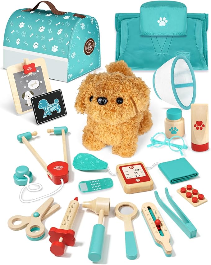 Lehoo Castle Wooden Doctor Kit for Kids, Vet Play Sets, Veterinarian Kit Pretend Play Doctor Set with Dog Bag, Medical Kits Doctor Toys Gift for Boys Girls Aged 3 4 5