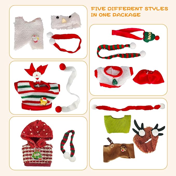 5 Complete Style Clothes Sets for 17cm Dolls - Hat & Overalls Dress Up Outfit for 17cm 15cm Dolls,Designer Outfits Bundle with Luxury/Cute/Sporty Themes, Gift for Doll Lovers (Christmas, 17cm/15cm)