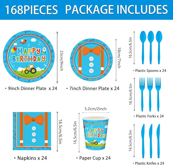168pcs Blue Birthday Party Supplies Orange Plates Napkins Paper Cups Blue Forks Boys Cartoon Birthday Party Decorations Disposable Tableware Set Serve 24