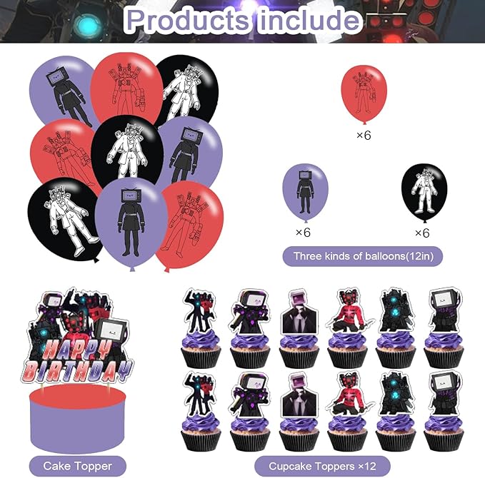 Titan TV Man Birthday Party Supplies, Multicolor, Includes Happy Birthday Banners, Balloons, Cake Toppers and Cupcake Toppers for Kids Gifts