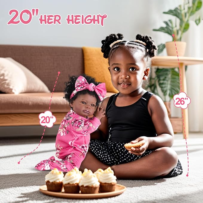 Aori Reborn Baby Dolls Black Girl - 20-inch Black American Realistic Newborn Doll with Feeding Accessories, Great Gift Set for Kids 3+, Grand-Parents, Collectors