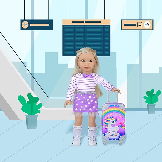 DONTNO 29 Pcs American Doll Clothes & Accessories, Cute Travel Play Set for 18 Inch Doll - Purple Clothes Suit, Unicorn Suitcase, Handbag, Lipstick, Camera, Sunglasses