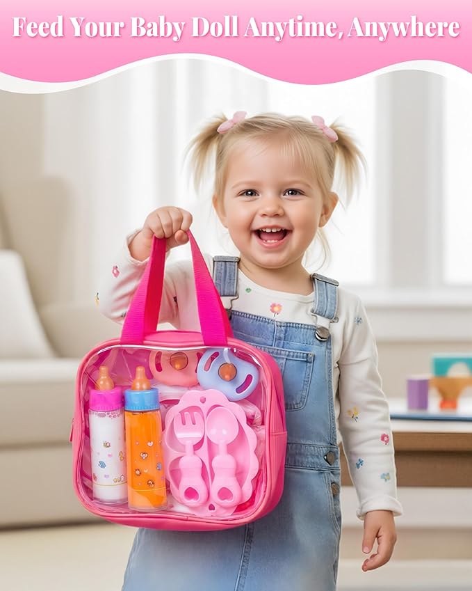 BABESIDE Baby Doll Accessories, 10 Pcs Disappearing Doll Feeding Set for Toy Stroller, Doll Care Pretend Play Kit with Magic Bottles, Pacifiers, Bib, Diaper & Carry Bag for 12–15 Inch Dolls