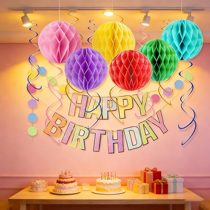 Birthday Banner Decorations with Honeycomb Balls, Stars, Circle Dots Garland Swirl Streamer Happy Birthday Party Decorations Supplies for Party(Macaron)