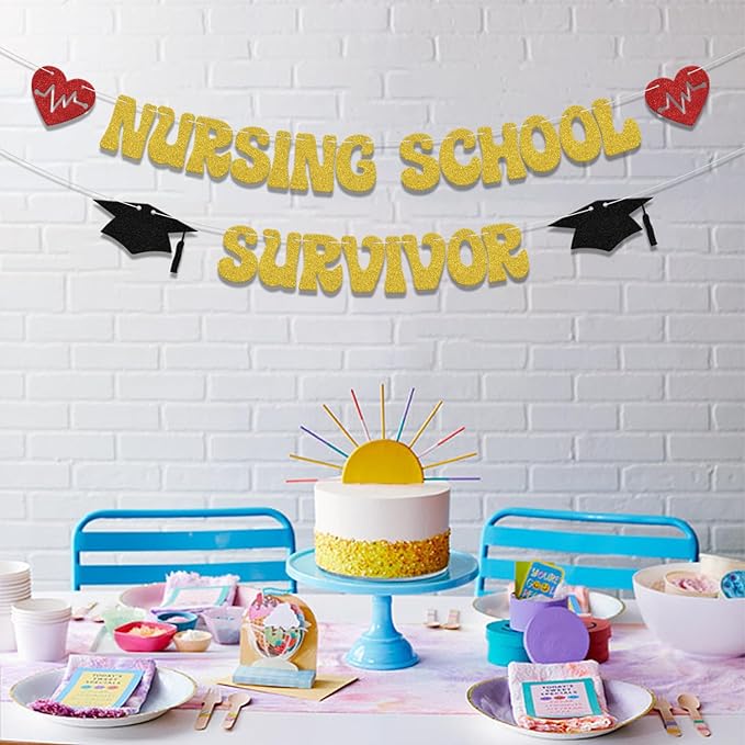 Nursing School Survivor Banner,Class of 2024 Congrats Nurse Party Decorations,Class of 2024 Nursing School Graduation Party Supplies Gold Red Black