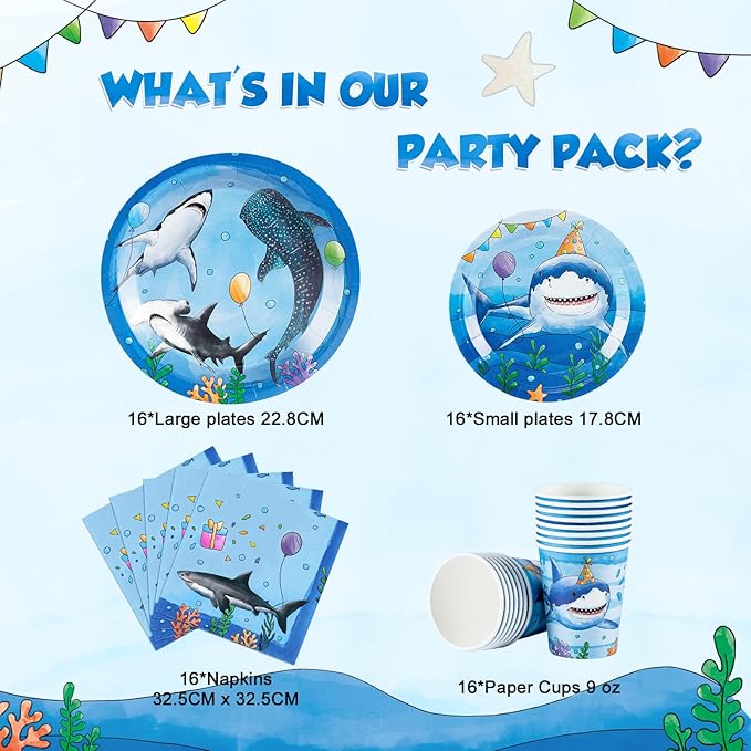WERNNSAI Shark Birthday Party Decorations - 64PCS Under The Sea Birthday Decorations Blue Ocean Plates Cups Napkins Tableware for Kids Boys Baby Shower Summer Pool Party Decor Serves 16 Guests