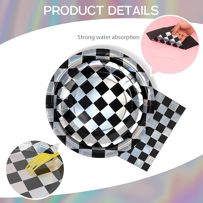 96Pcs Iridescent Checkerboard Plates Party Supplies Black and White Kpop Paper Plates and Napkins and Cups for 24 Guests Picnic Tea Wedding Kids Birthday Party Decorations