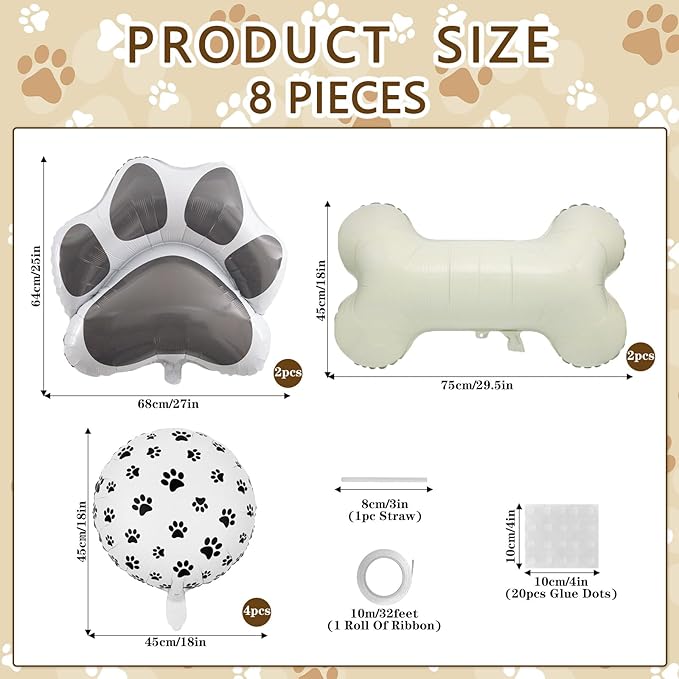 8 Pcs Dog Balloons 30 Inch Bone Foil Balloons Paw Print Balloon Dog Birthday Decorations Grey Dog Paw Balloon Pets Puppy Themed Birthday Party Decorations Supplies