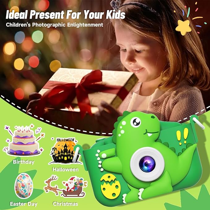 Kids Camera Toys for 3-8 Year Old Boys Girls, Dinosaur 1080P HD Selfie Digital Camera with 32GB Card, Christmas Birthday Gift for Kids