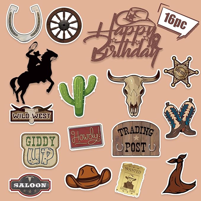 16 Pcs Cowboy Cake Toppers Glitter Cowboy Hat Cake Decorations Western Theme Happy Birthday Party Decoration for Boys Girls , Cowboy Birthday Sign Birthday Decor Party Decor Party Supplies