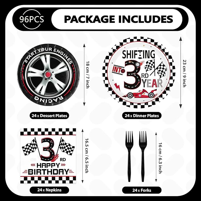 96Pcs Shifting into 3rd Year Birthday Decorations Disposable Race Car Themed 3rd Party Plates and Napkins Checkered Flag Tableware Set for Boys Racing Car 3 Years Old Birthday Party Supplies Serves 24