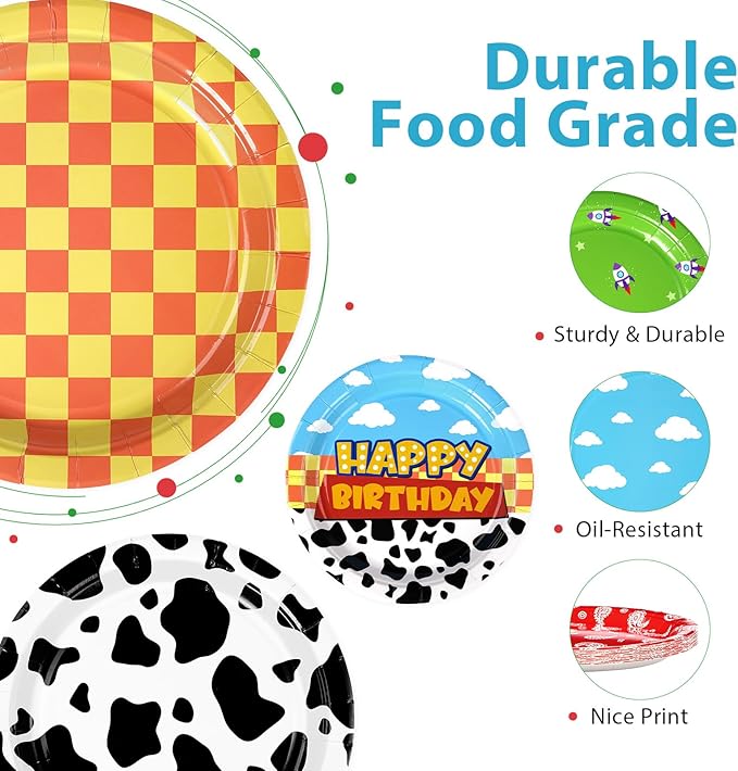 60 Pcs Toy Inspire Game Cartoon Story Party Plates 9" 350GSM Cartoon Cowboy Round Paper Plates Disposable Blue Sky Tableware Set for Kids Boys Girls Birthday Party Supplies Baby Shower Decor Favors