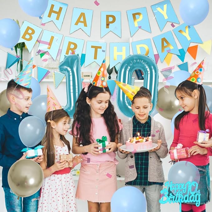 10th Birthday Decorations, Blue Happy Birthday Party Decorations With Teal Blue Number 10 Balloons Dusty Macaron Blue White Balloons Fringe Curtain Banner Cake Topper For Boy Girl Party Supplies