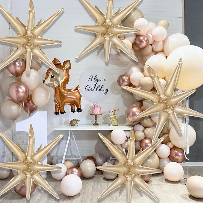 6 Pcs Caramel Colour Star Foil Balloons One-Piece 14-Pointed Star Balloon 4D Starburst Cone Mylar Balloon 22inch Christmas Birthday Wedding Wedding Anniversary Party Supplies(Caramel Colour)