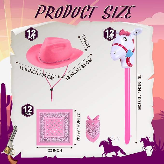 Xtinmee 36 Pcs Cowboy Party Costume Set, Cowboy Hats Paisley Bandanas Inflatable Stick Horses Kids Party Supplies