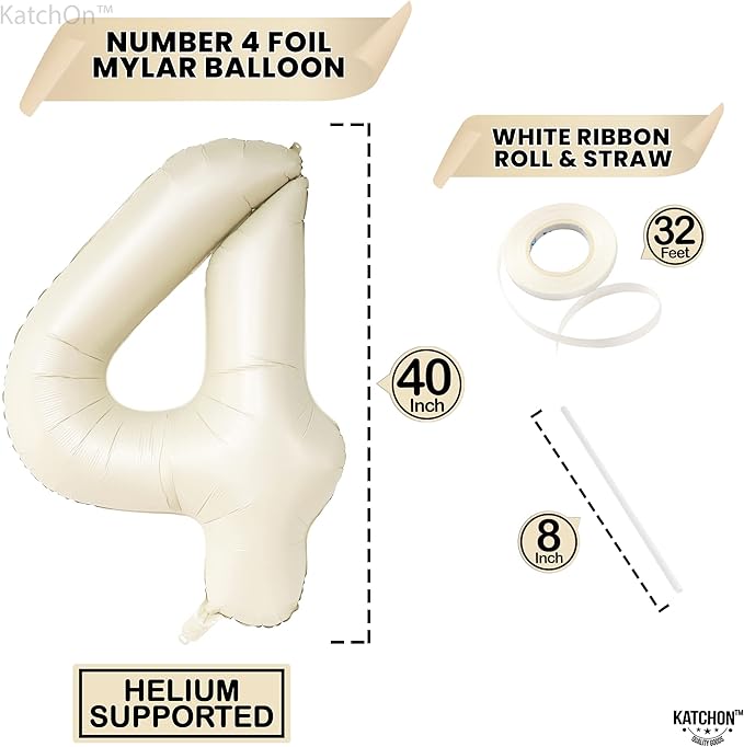 KatchOn, Giant Cream White 4 Balloon Number - 40 Inch | Number 4 Balloons for Birthdays | 4th Birthday Decor for Party | Creme Number 4 Balloon | 4 Year Old Balloon for 4th Birthday Party Supplies