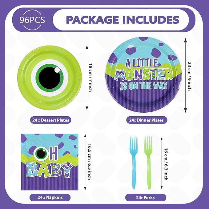 96Pcs Monster Baby Shower Party Supplies Monster Theme Party Plates and Napkins Disposable Green and Purple Cartoon Tableware Set for Kids Birthday Baby Shower Decorations Serves 24