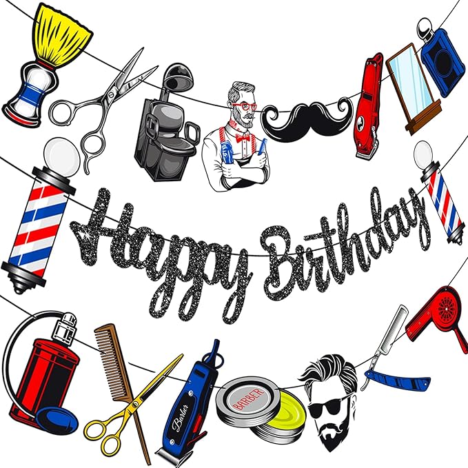 Barber Banners 3Pcs Hairdresser Party Decorations Glitter Black Barbershop Happy Birthday Banner Hairstylist Party Supplies for Barber Lovers Decor