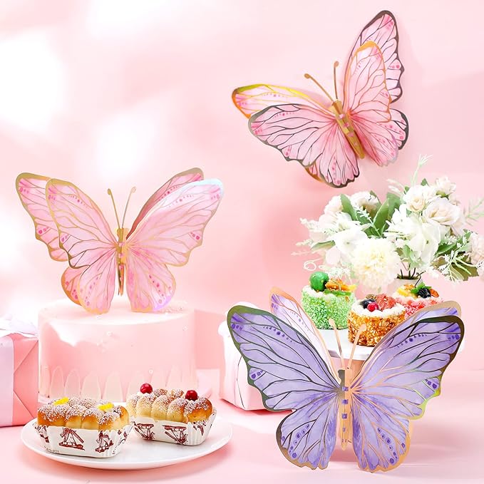 PerKoop 10 Pcs Large Butterfly Centerpieces for Tables Butterfly Party Decorations 3D Paper Table Toppers Centerpieces Wall Decor for Birthday Baby Shower Wedding Party Supplies (Pink, Purple)