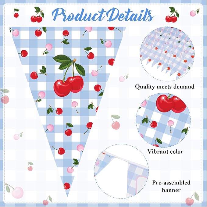 Jetec 49ft Cherry and Blue Gingham Party Decorations Blue and White Plaid Checkered Pennant Banner Gingham Bunting Flag Garlands for Cherry on Top Baby Shower Bachelorette Birthday Party Decors