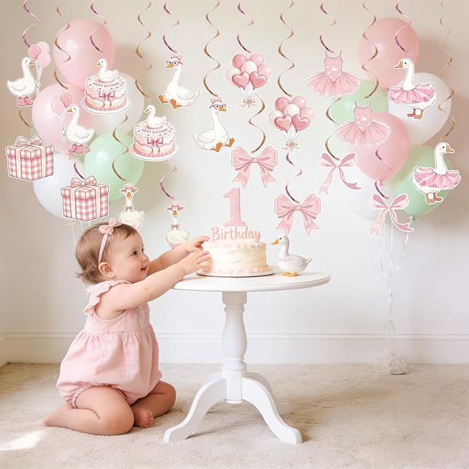 Goose Birthday Decorations One Silly Goose Hanging Swirl Decorations Pink Goose Party Supplies for Baby Girl 1st Birthday Bow Theme Baby Shower Ceiling Decor