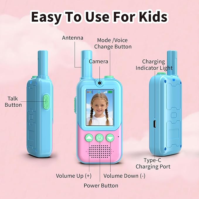 Video Walkie Talkies for Kids 2 Pack, 500ft Range Rechargeable Kids Walkie Talkies with HD Camera & 4 Voice Changer, 2 Way Radio Toys for 3-12 Year Old Girls Boys for Camping Outdoor Adventure