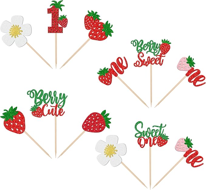 30 PCS Sweet One Strawberry Cupcake Toppers Glitter Sweet Berry 1st Birthday Cupcake Picks Strawberry Birthday Decorations for Baby Shower Kids First Birthday Party Cake Decorations Supplies Colorful