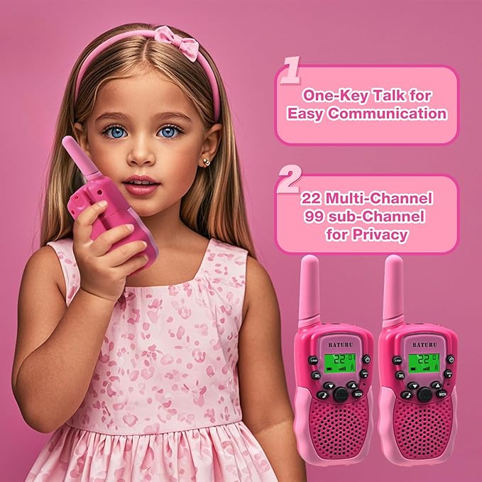 BATURU Kids Walkie Talkies, 2-Pack Pink Gift for Girls Age 4-8, Long Range, Easy-to-Use Toys for Birthday, Outdoor Play, Camping, Pretend Adventure