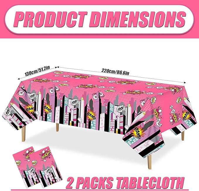 Superhero Plastic Tablecloth Pink 2 Pack 51 x 87 Inches Superhero Party Decorations Rectangle Disposable Hero Table Cover Super Hero Theme Birthday Party Supplies