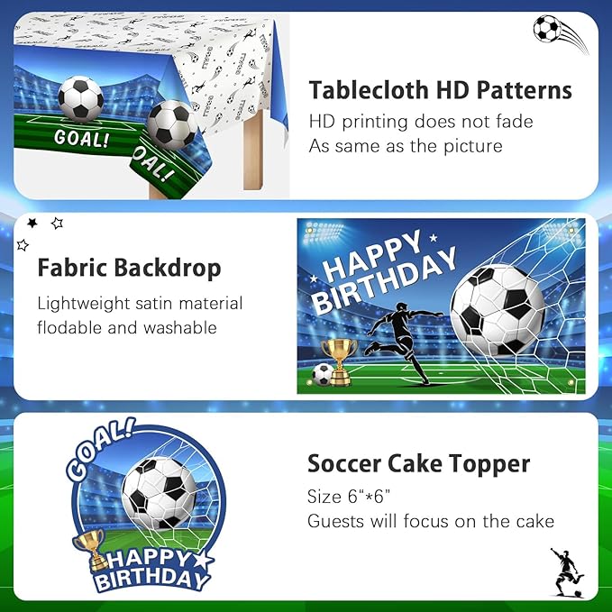 Soccer Birthday Party Decorations 116Ppcs 16Ft Blue Balloons Arch Kit Backdrop Cake Topper Tablecloth for Men Boys Soccer Theme Birthday Party Supplies
