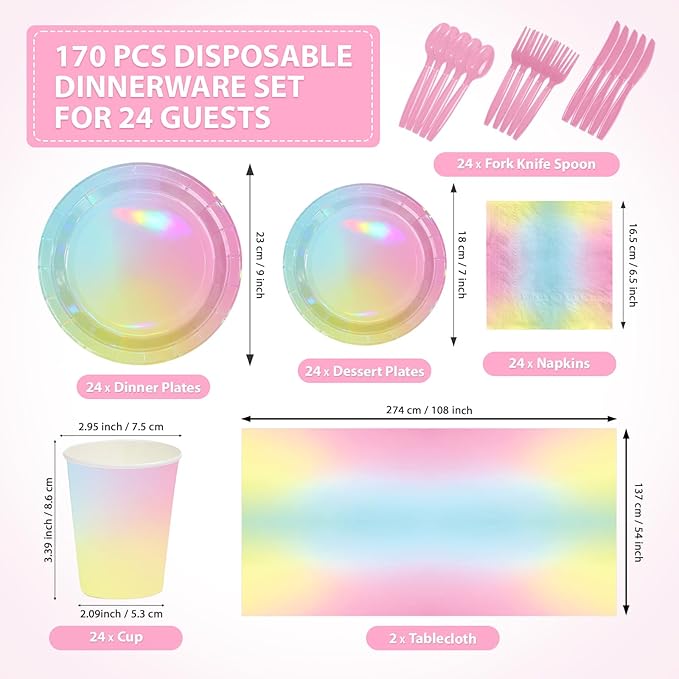 170pcs Pastel Rainbow Birthday Party Supplies Iridescent Pastel Plates and Napkins Cups Forks Tableware Sets for Girls Baby Shower Sprinkle Unicorn Theme Party Favors Serves 24