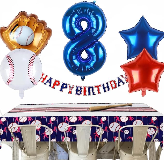 Baseball Balloons 8th Birthday Decorations for Boys | Baseball Birthday Decoration Sports Theme Party Supplies, 32Inch Foil Mylar Number 8 Balloon Navy Blue Red White Sports Balloon Arch Kits