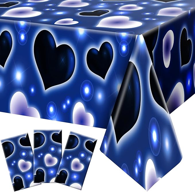 Tudomro 3 Pack 2000s Tablecloth Decoration 54 x 108 Inches Cholo Party Table Cover Y2k Party Decoration Heart Disposable Kpop Table Cloth for Birthday Supplies(Blue)