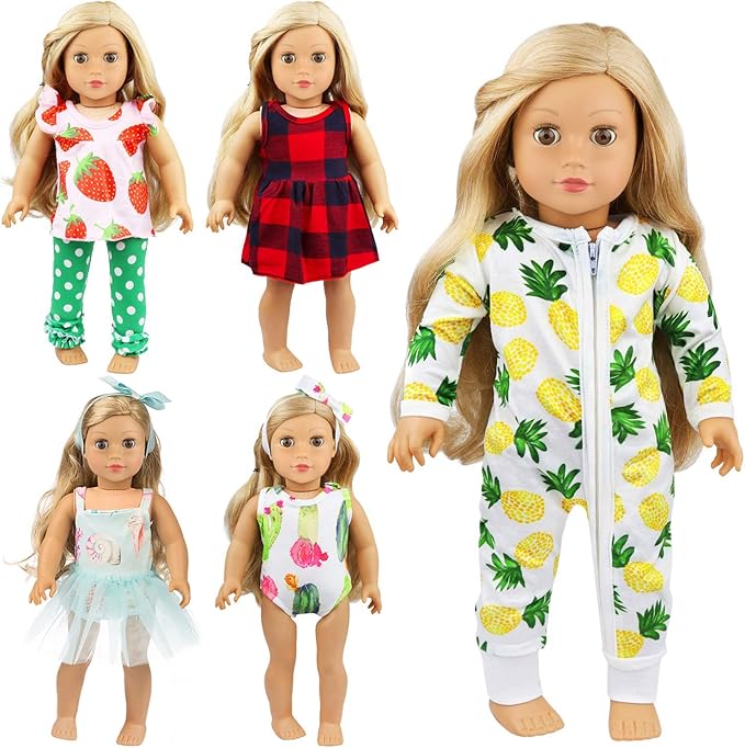 Ecore Fun 5 Sets 14-18 Inch Baby Doll Clothes and Headbands Outfits Pjs Baby Doll Accessories for 43cm New Born Dolls, 15 Inch Baby Dolls