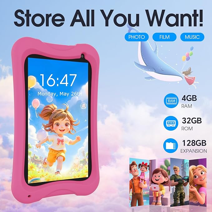 DigiLand 7 inch Kids Tablet, Quad-core CPU, 4GB+32GB+TF Expand,Dual Camera 2MP+5MP,Safety Eye Protection,Education,Tablet for Toddle with WiFi,Games,Parental Control APP,with Proof Case(Pink)