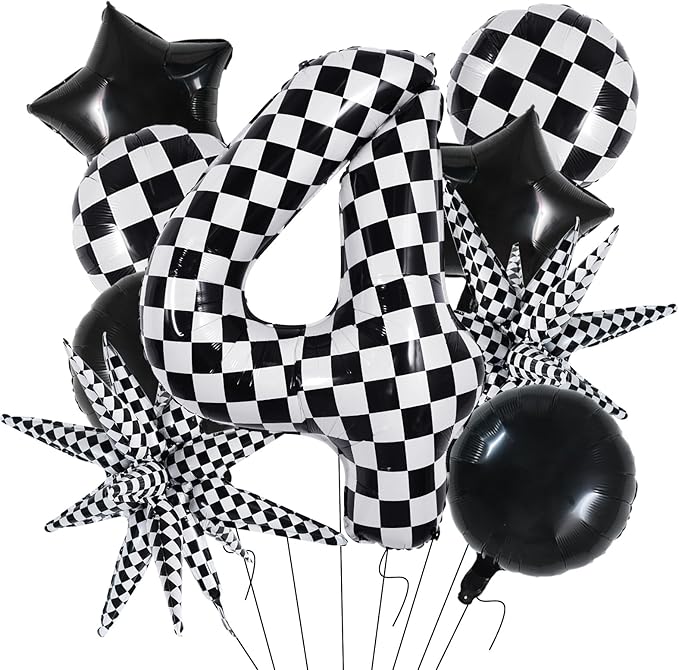 TONIFUL 40 Inch Checkered 4th Birthday Balloons Set Number 4 Race Car Black Black White Checkered Round Explosion Star Balloons Boys Race Car Themed Birthday Party Decoraction