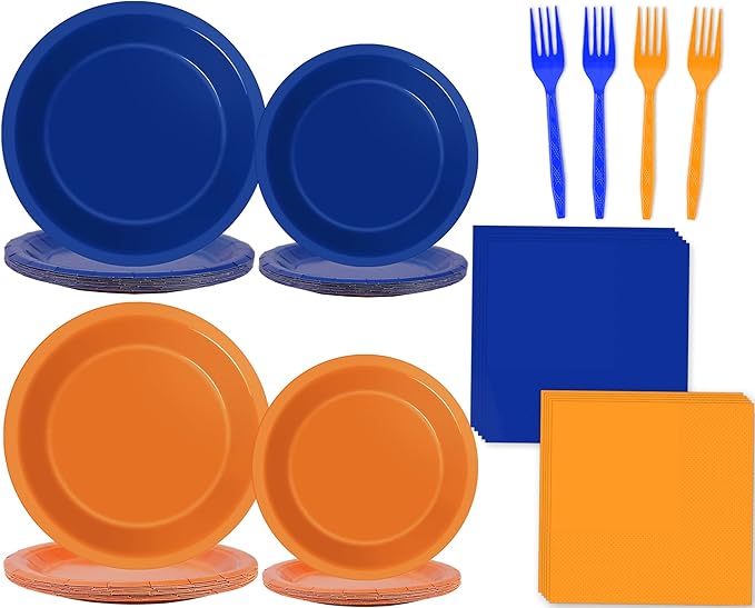 Wiooffen 96 Pcs Orange and Blue Birthday Party Plates Napkins Dart War Party Supplies Tableware Disposable Orange Blue Paper Dinnerware Decoration for Baby Shower Birthday Party, 24 Guests
