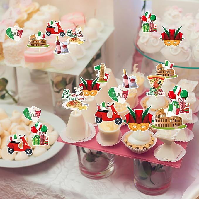 Italian Birthday Party Decorations - 36PCS Italy Pizza Cupcake Toppers Parties Decoration Buon Compleanno Cupcake Picks Decor Supplies