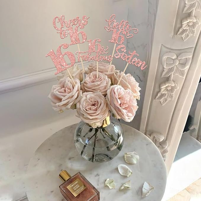 15PCS Happy 16th Birthday Centerpiece Sticks Sixteen Hello 16 Cheers to 16 Table Flower Centerpieces Sticks 16 Fabulous Floral Decorations for Happy 16th Birthday Party Centerpieces Rose Gold