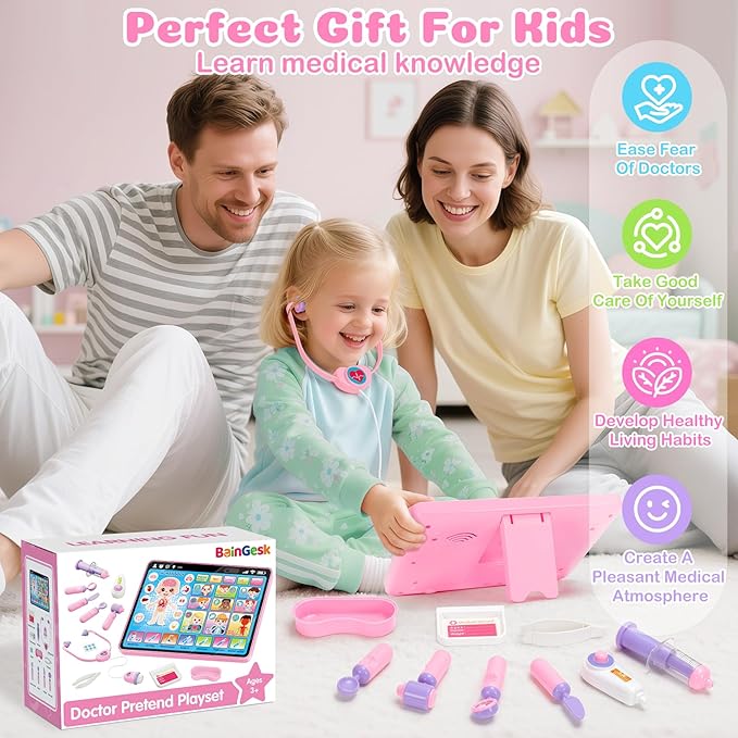 BainGesk Doctor Kit for Girls 3 Years Old, Doctor Tablet with Music & Sound, Pretend Play Doctor Set with Stethoscope, Doctor Dress Up Gifts for Kids Toddlers Ages 3-6 Years Old