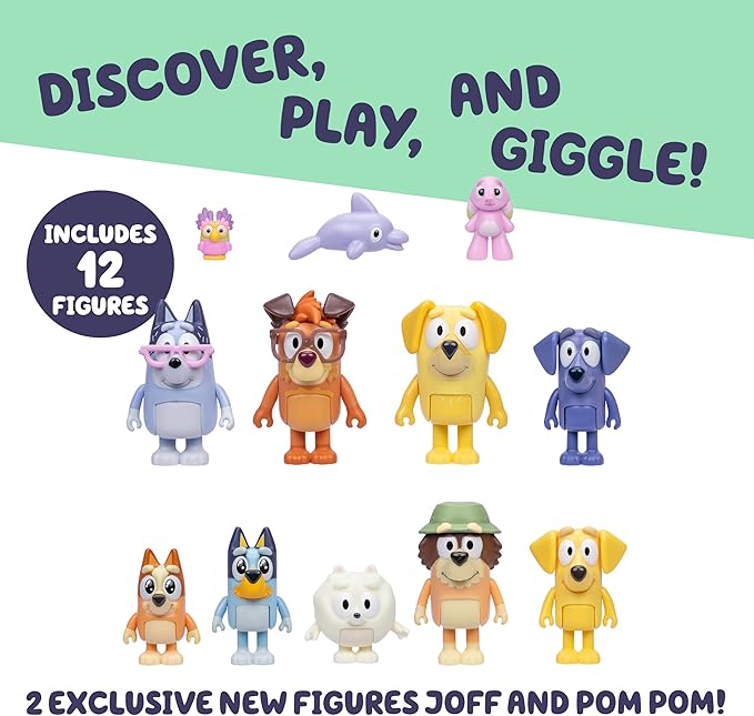 Bluey Super Fan Figurines for Toddlers Set, 11 Character Pack with Exclusive Figures, Toddler Figurine Toys Includes Bluey, Bingo & More, Ages 3+