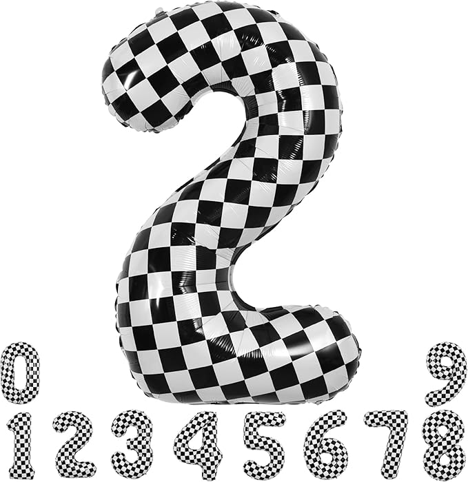 TONIFUL 40 Inch Checkered Number 2 Balloon 2nd Race Car Birthday Party Supplies Black and White Large Number Balloon for Girls Boys 2nd Birthday Fast Race Car Flag Party Decorations